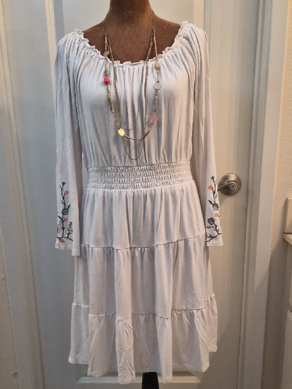 Cupio White Tiered Long Sleeve Boho Dress with Embroidered Cuffs.Size S